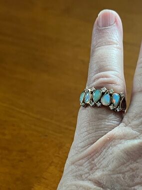 Gold Opal Teardrop Band Ring - Iridescent Blue Opal Accents